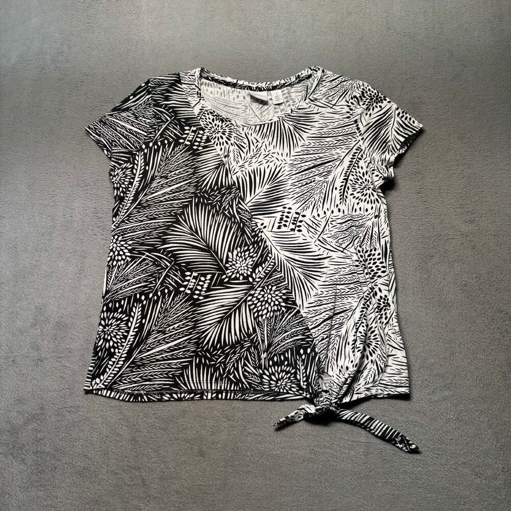 Chicos Weekends Womens 1 Medium Tie Front Top Black White Tropical Soft  EUC